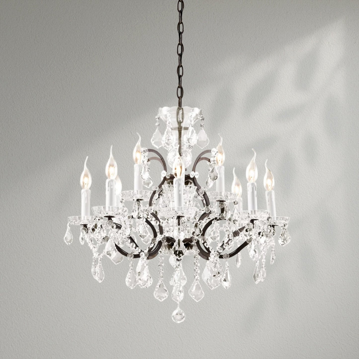 19th C. Rococo Iron & Crystal Round Dining Room Chandelier 28" - Lightings Menu