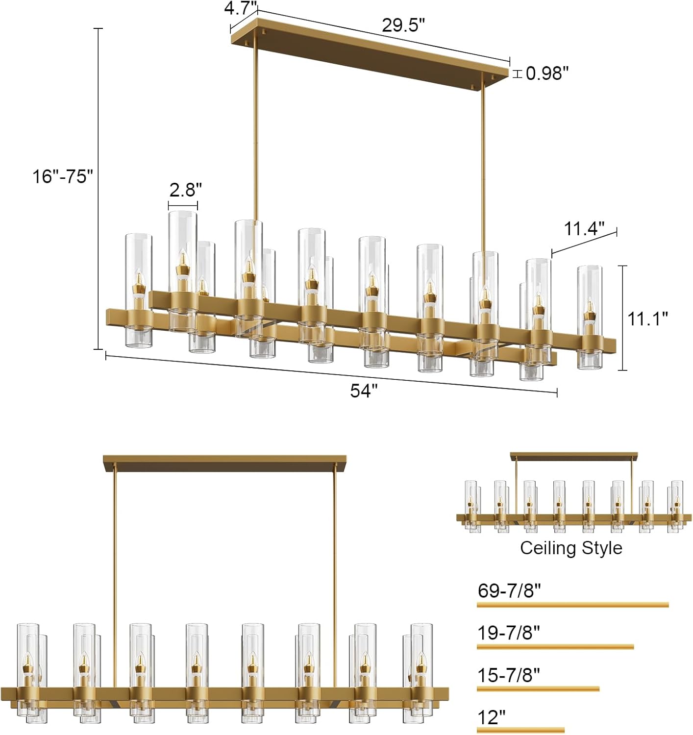 Modern Farmhouse 16-Light Brass Linear Chandelier for Kitchen Island & Dining