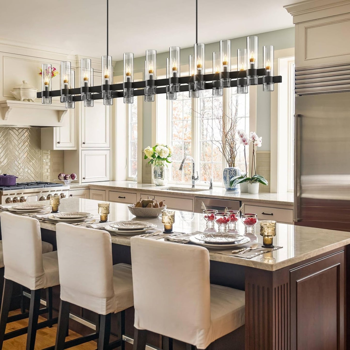 Modern Farmhouse 20-Light Linear Chandelier: Adjustable Black Kitchen Island Lighting