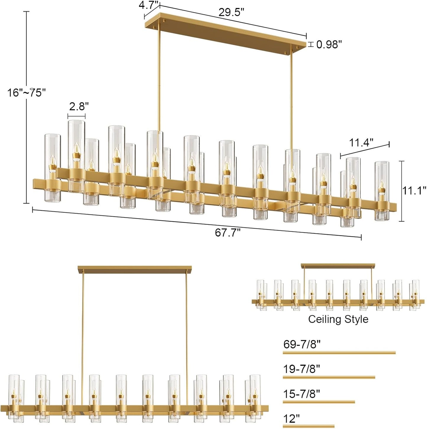 Adjustable 20-Light Brass Linear Chandelier for Kitchen Island & Dining Room