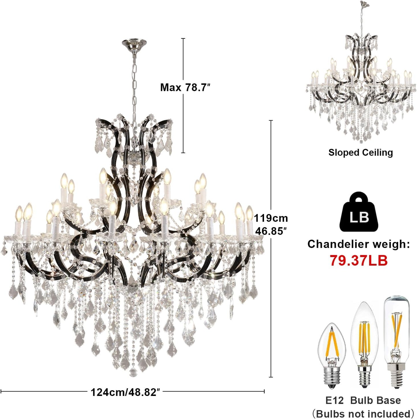Grand Black Crystal Chandelier: 24-Light Modern Fixture for High Ceilings