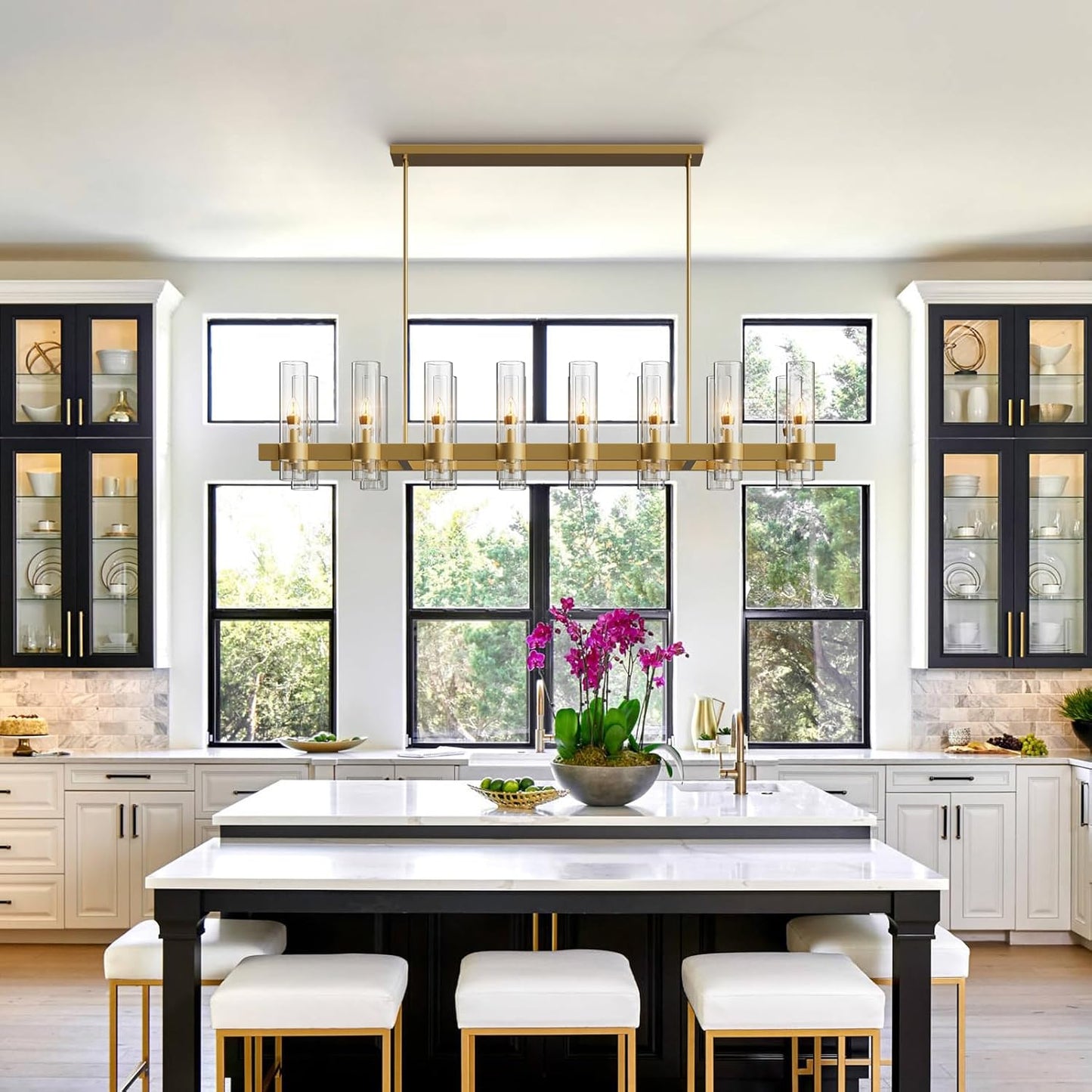 Modern Farmhouse 16-Light Brass Linear Chandelier for Kitchen Island & Dining