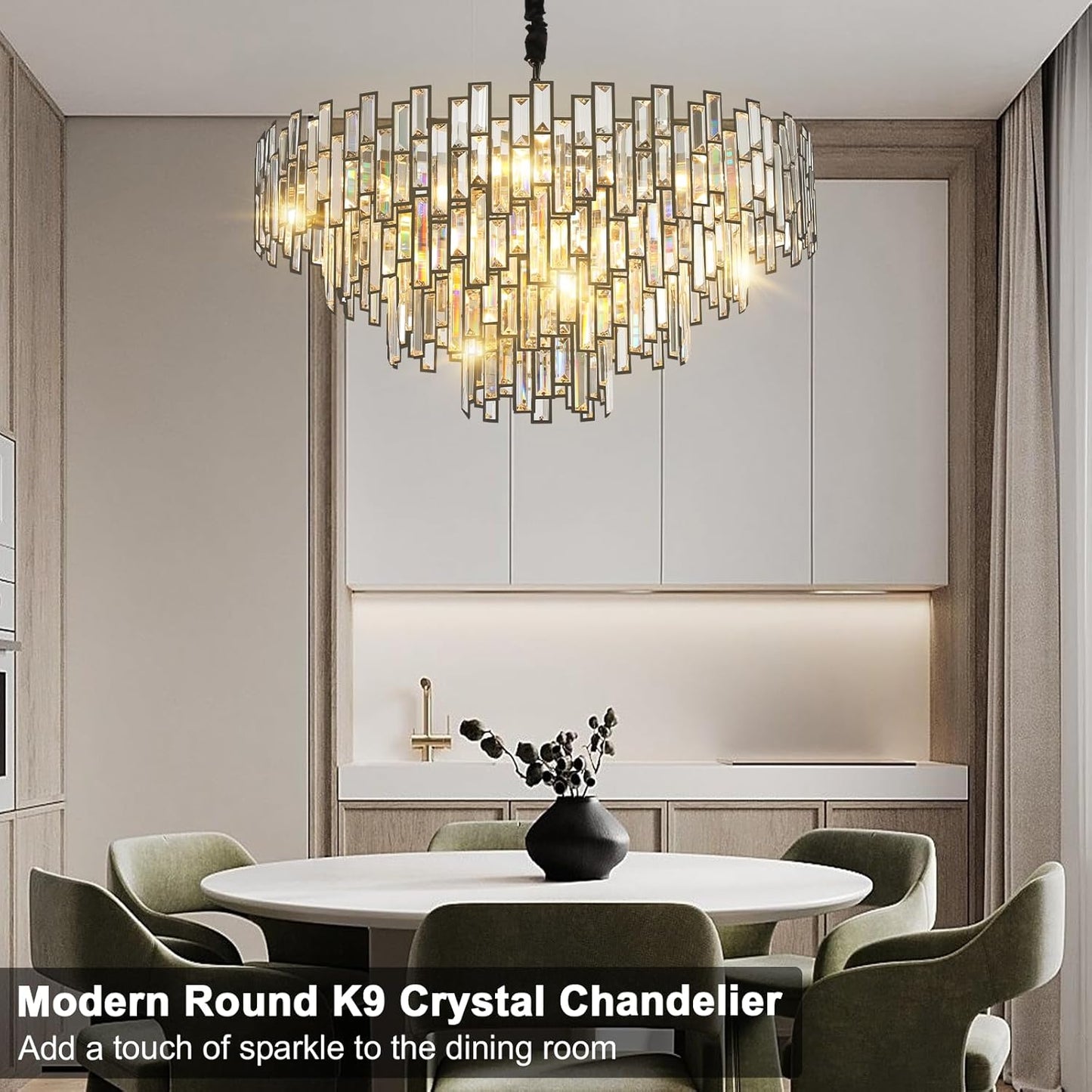 31.5'' Black Crystal Chandelier, 4-Tier Modern Round K9 Pendant Light for High Ceilings