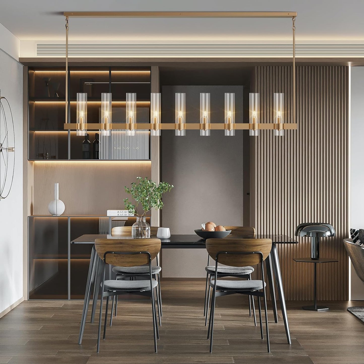 Modern Farmhouse 9-Light Brass Kitchen Island Chandelier with Adjustable Linear Design
