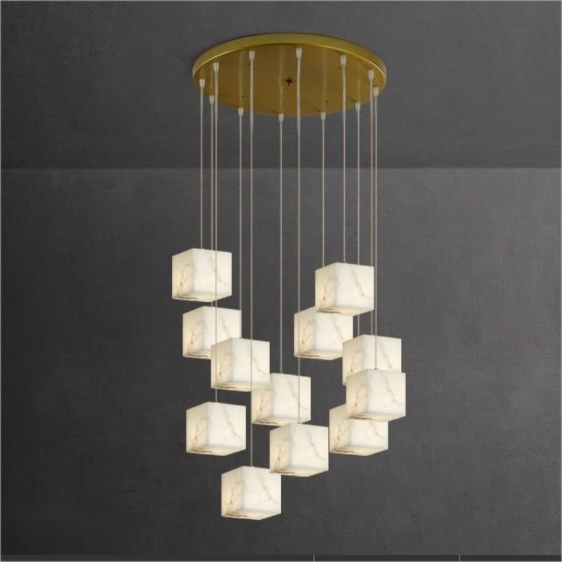 Alabaster Cube Foyer Staircase Long Chandelier - Lightings Menu