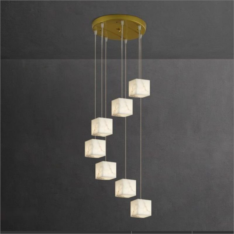 Alabaster Cube Foyer Staircase Long Chandelier - Lightings Menu