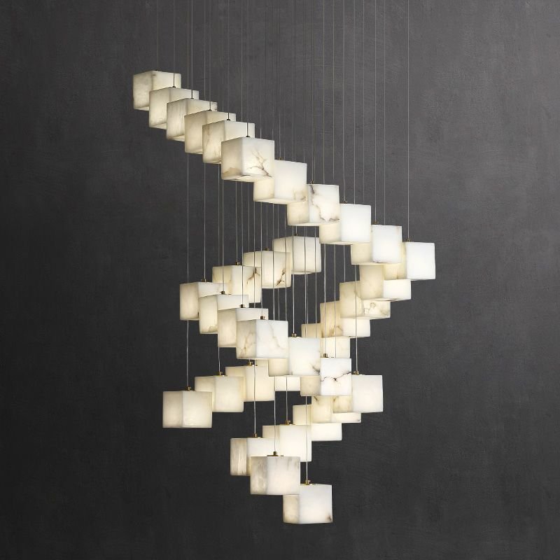 Alabaster Cube Foyer Staircase Long Chandelier - Lightings Menu