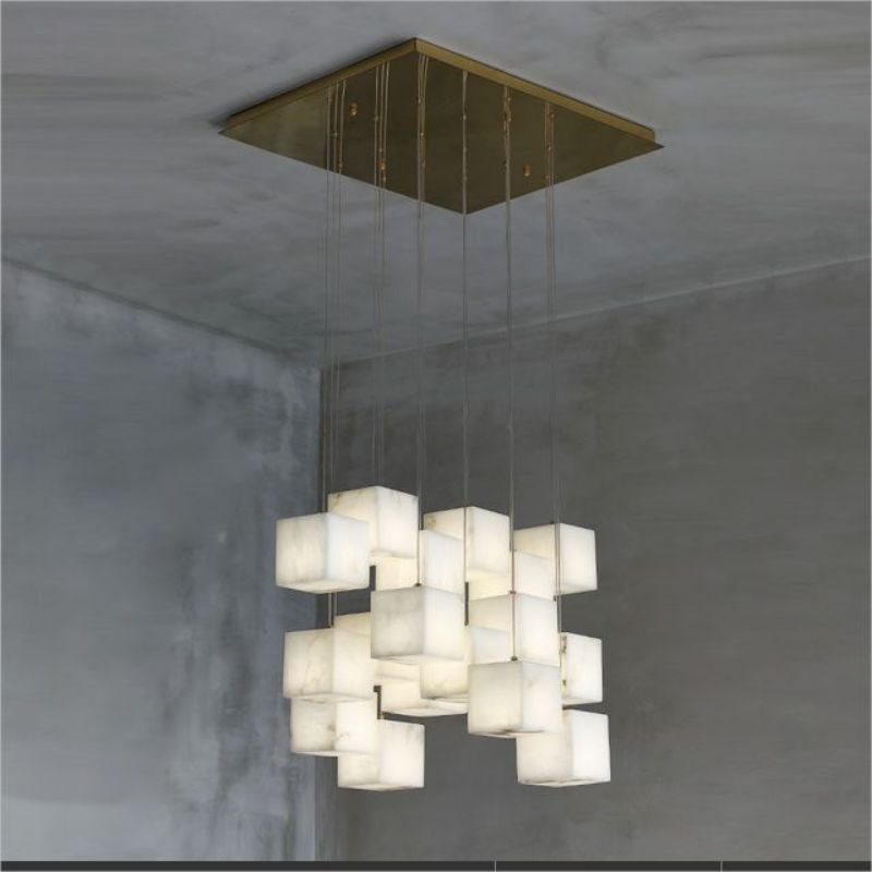 Alabaster Cube Foyer Staircase Long Chandelier - Lightings Menu