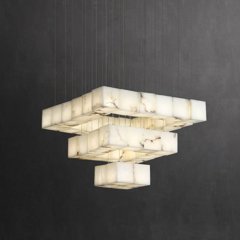 Alabaster Cube Foyer Staircase Long Chandelier - Lightings Menu