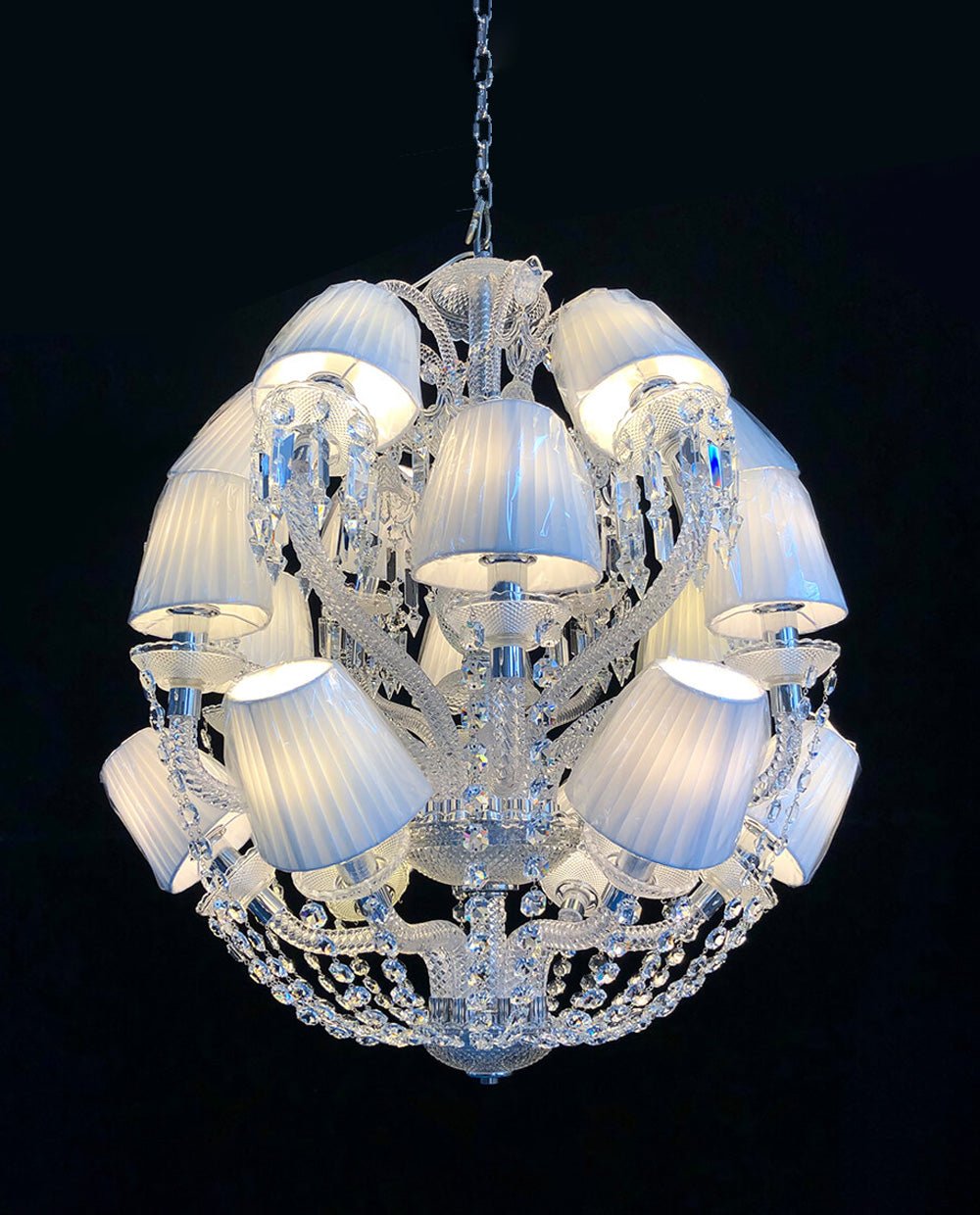 Custom Made Le Roi Soleil Chandelier 18 Lights Crystal Chandelier with Fabric Shades - Lightings Menu
