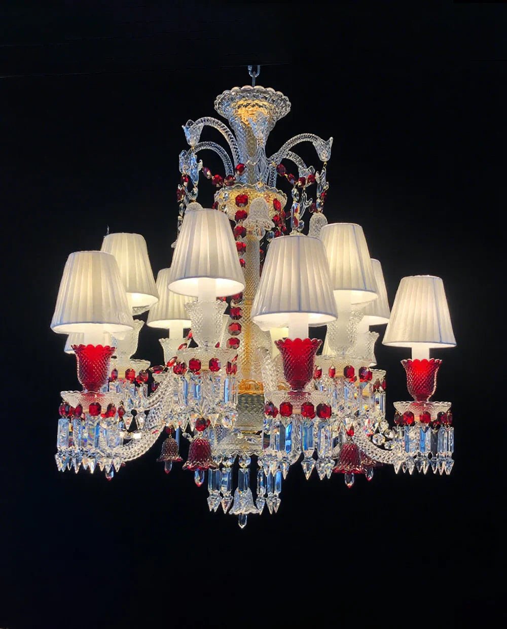 Custom Made Lustre 12 Lights Clear & Red Crystal Chandelier in Gold - Lightings Menu