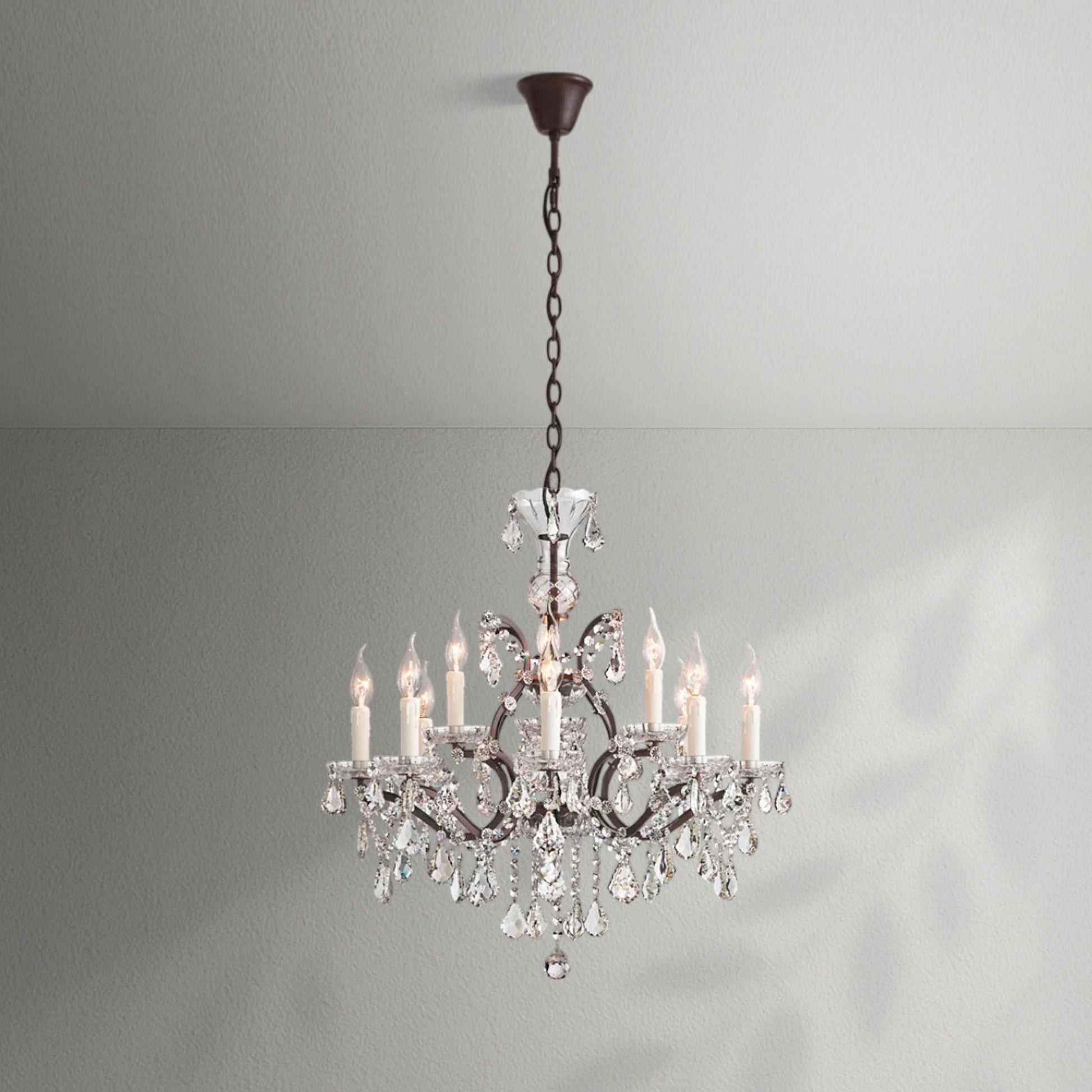 19th C. Rococo Iron & Crystal Round Dining Room Chandelier 28" - Lightings Menu