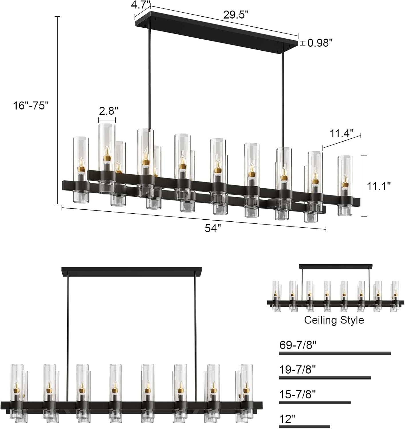 Modern Farmhouse 16-Light Adjustable Linear Chandelier for Kitchen Island & Dining