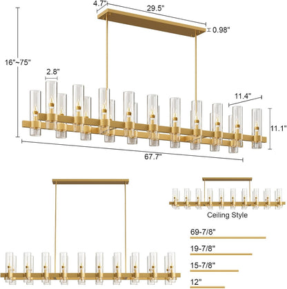 Adjustable 20-Light Brass Linear Chandelier for Kitchen Island & Dining Room