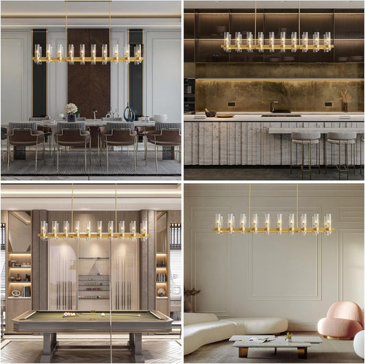 Adjustable 20-Light Brass Linear Chandelier for Kitchen Island & Dining Room