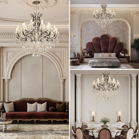Grand Black Crystal Chandelier: 24-Light Modern Fixture for High Ceilings