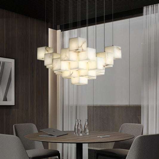 Alabaster Cube Foyer Staircase Long Chandelier - Lightings Menu