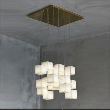 Alabaster Cube Foyer Staircase Long Chandelier - Lightings Menu