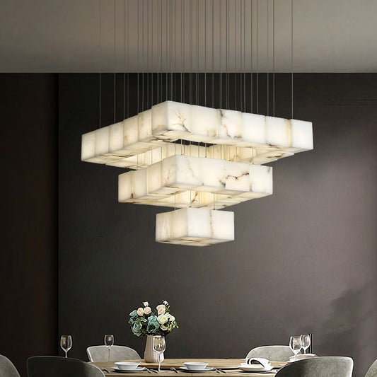 Alabaster Cube Foyer Staircase Long Chandelier - Lightings Menu