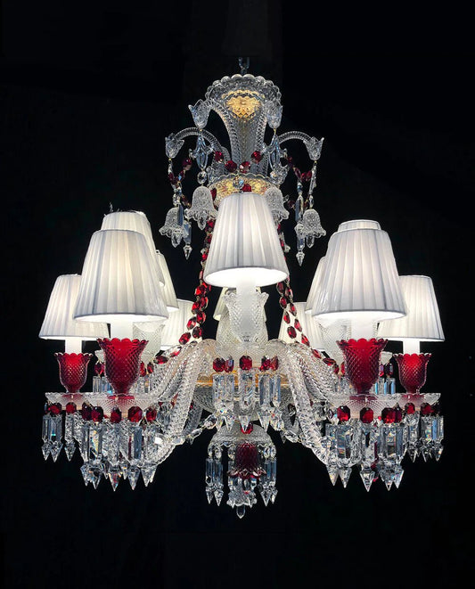 Custom Made Lustre 12 Lights Clear & Red Crystal Chandelier in Gold - Lightings Menu