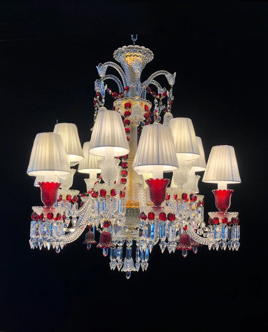 Custom Made Lustre 12 Lights Clear & Red Crystal Chandelier in Gold - Lightings Menu