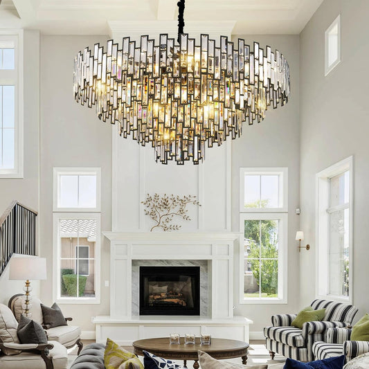 Grand Black Crystal Chandelier: 5 - Tier Modern Round K9 Pendant Light for High Ceilings - Lightings Menu