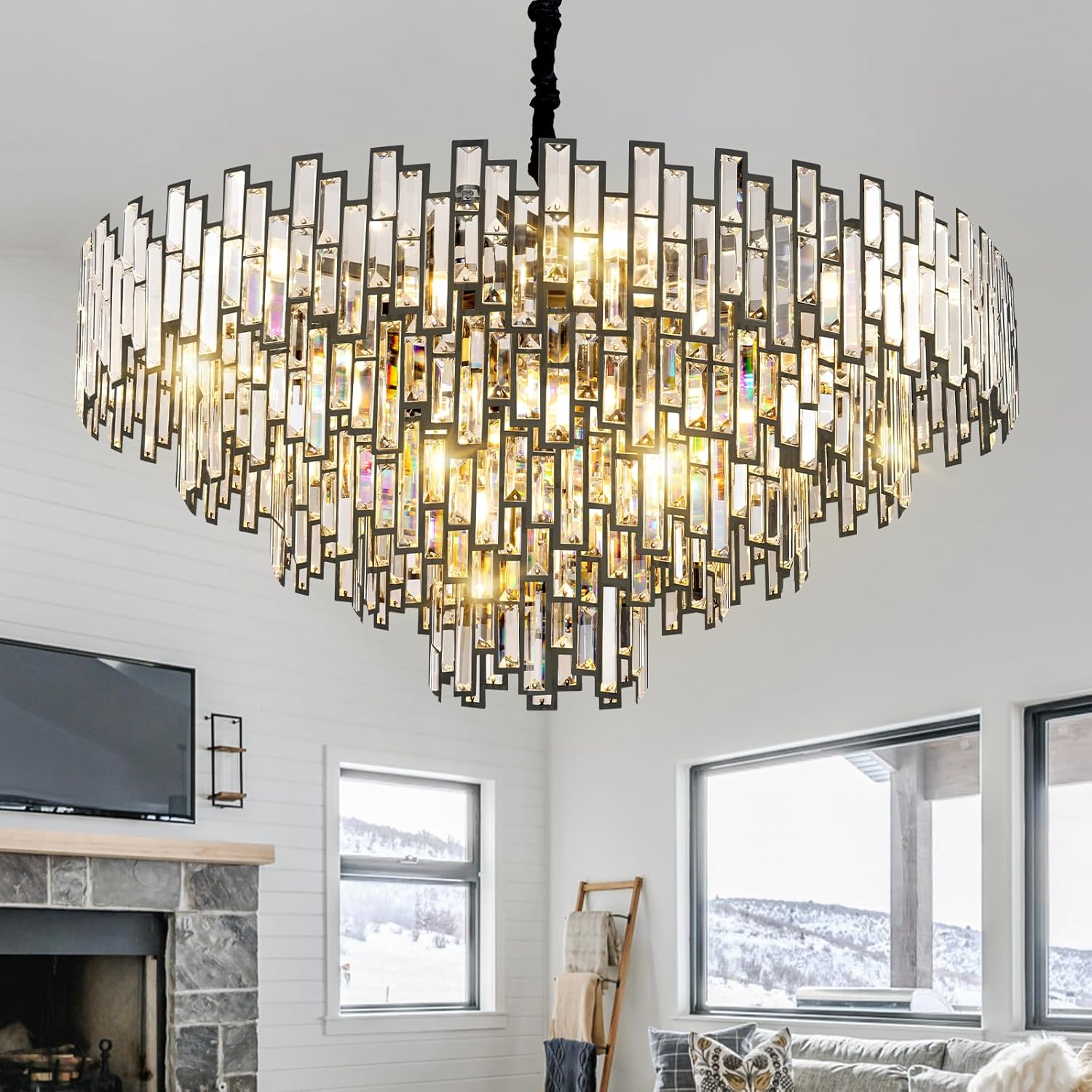 Grand Black Crystal Chandelier: 5 - Tier Modern Round K9 Pendant Light for High Ceilings - Lightings Menu