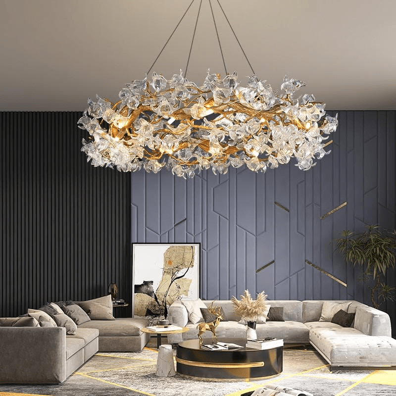 Modern Petal Crystal Round Brass Branch Chandelier - Lightings Menu