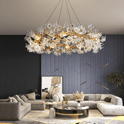 Modern Petal Crystal Round Brass Branch Chandelier - Lightings Menu